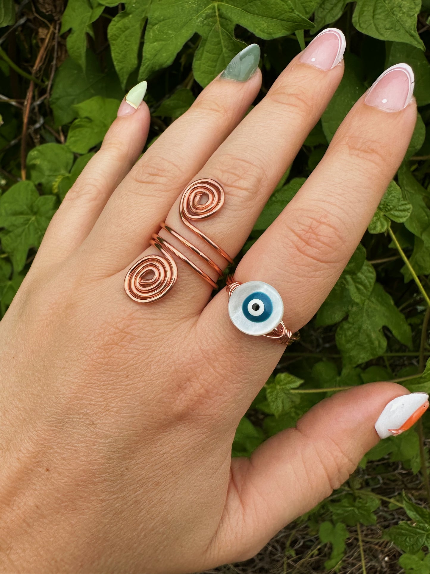 Evil Eye Mother of Pearl Wire Wrapped Ring
