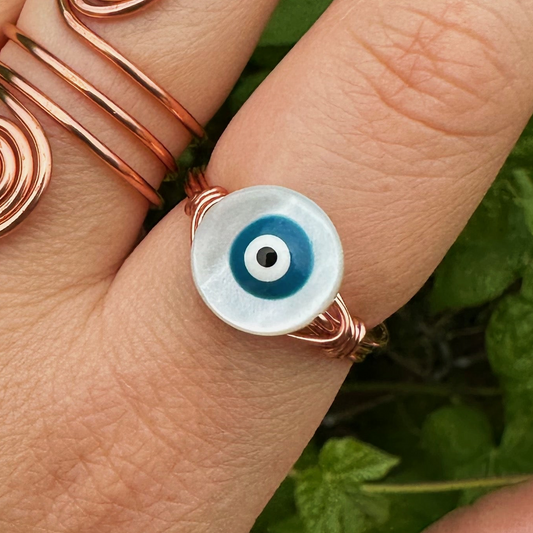 Evil Eye Mother of Pearl Wire Wrapped Ring