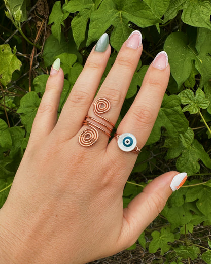 Evil Eye Mother of Pearl Wire Wrapped Ring