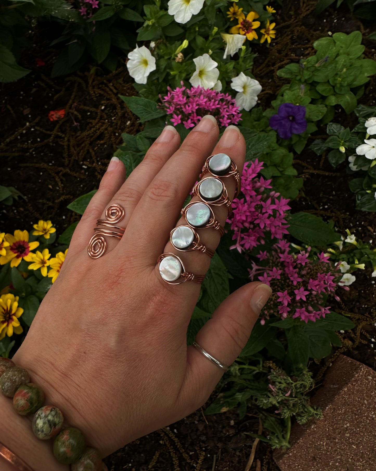 Black Mother of Pearl Copper Wire Wrapped Ring