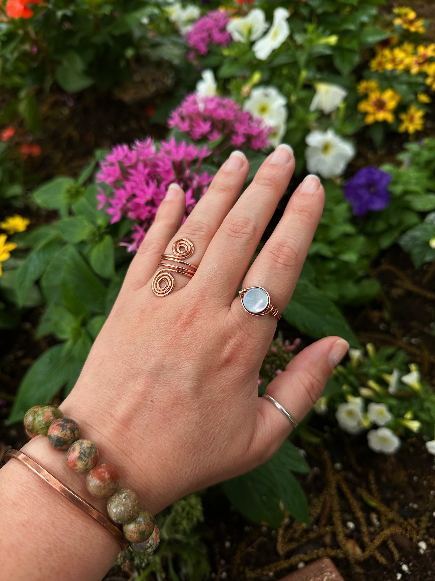 Black Mother of Pearl Copper Wire Wrapped Ring
