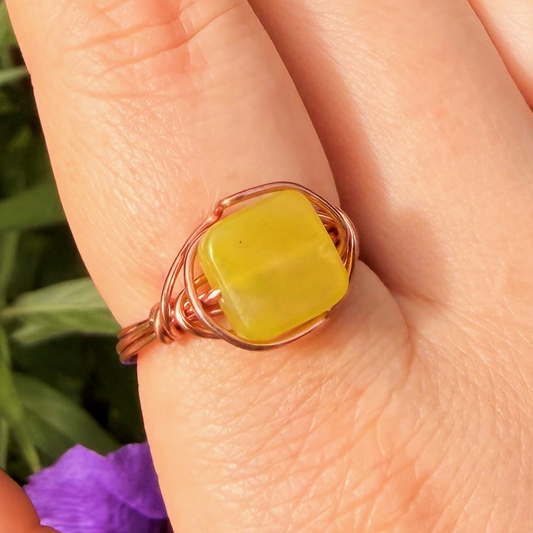Natural Chartreuse Jade Wire Wrapped Ring