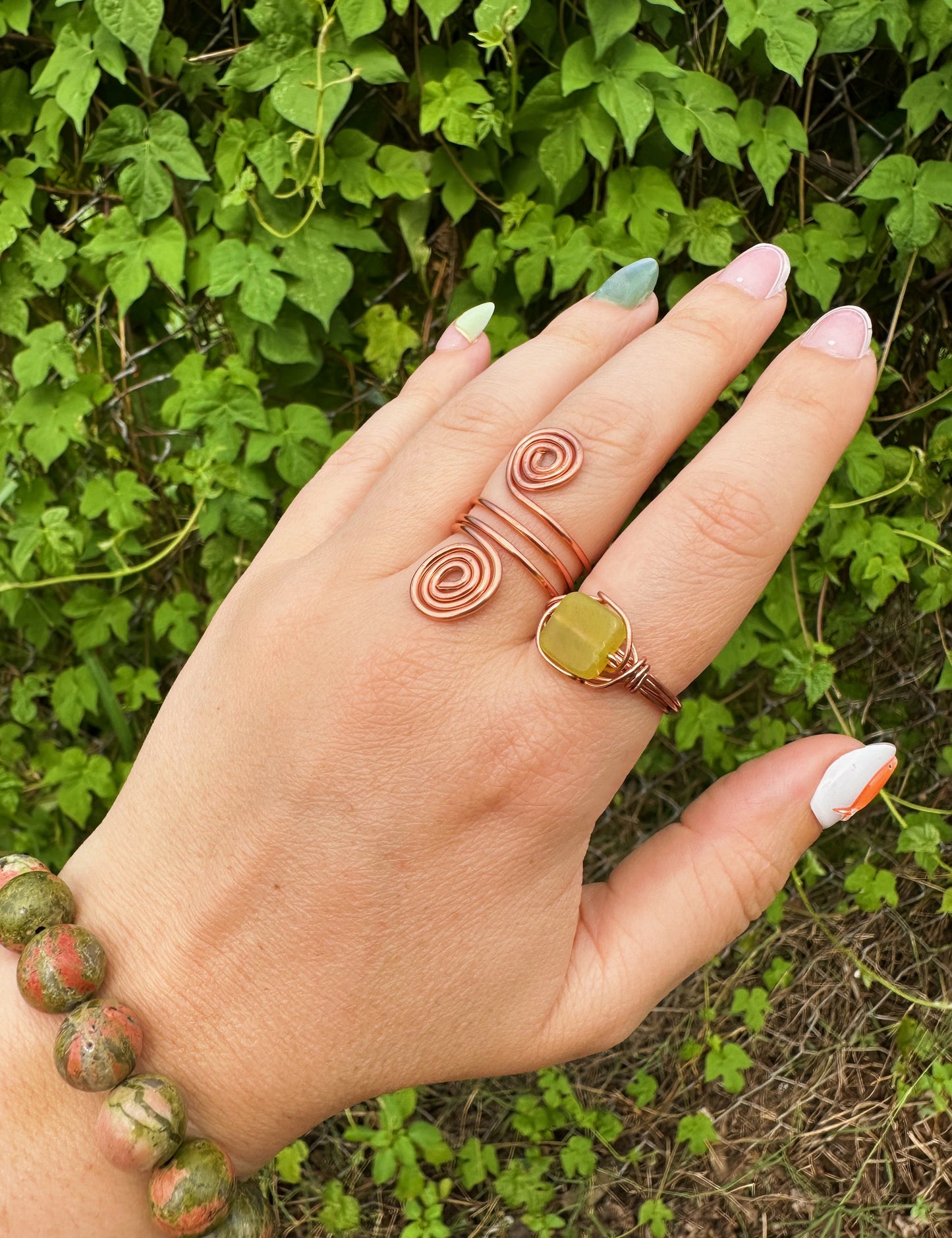 Natural Chartreuse Jade Wire Wrapped Ring