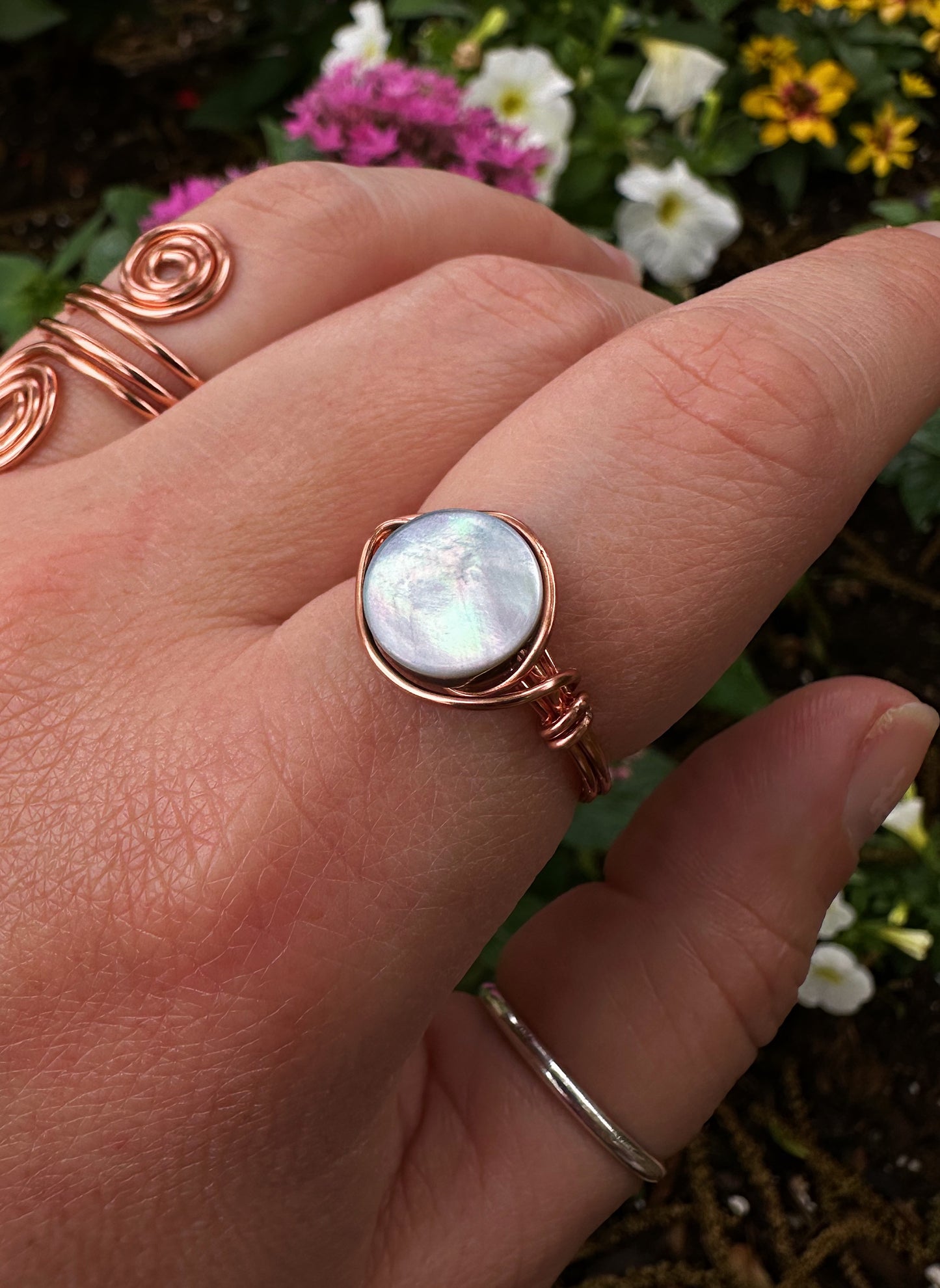 Black Mother of Pearl Copper Wire Wrapped Ring